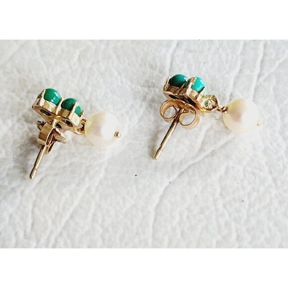 Vintage 14k Yellow Gold Bead Turquoise & 5.9mm Pearl Floral Dangle Earrings 2.1g - Picture 4 of 12